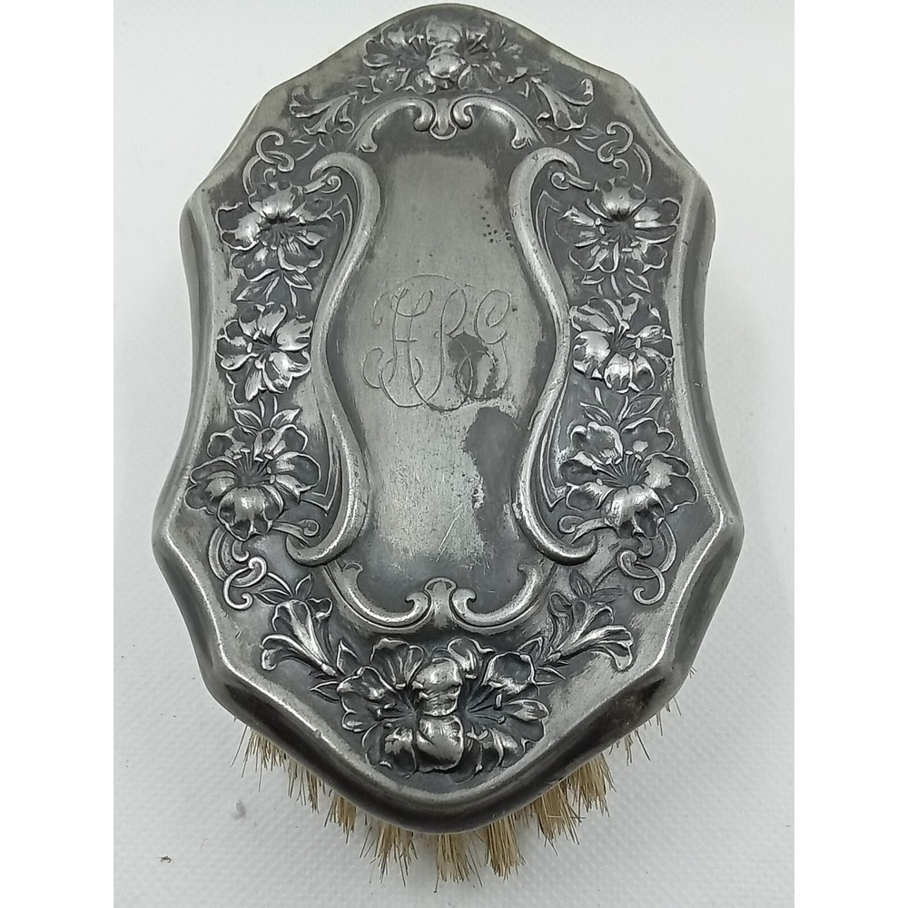 Antique‎ Art Nouveau Silver Tone Repousse Floral Monogram Vanity Clothes Brush
